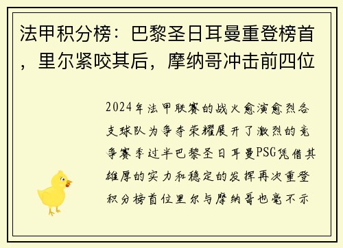 法甲积分榜：巴黎圣日耳曼重登榜首，里尔紧咬其后，摩纳哥冲击前四位置